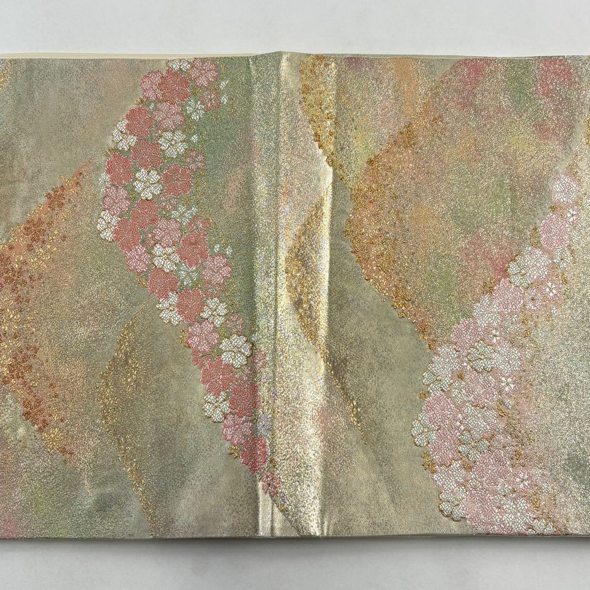 【美品】 袋帶 秀品級 關西仕立 山並 櫻花 金絲 金金箔 金色 六通 純蠶絲