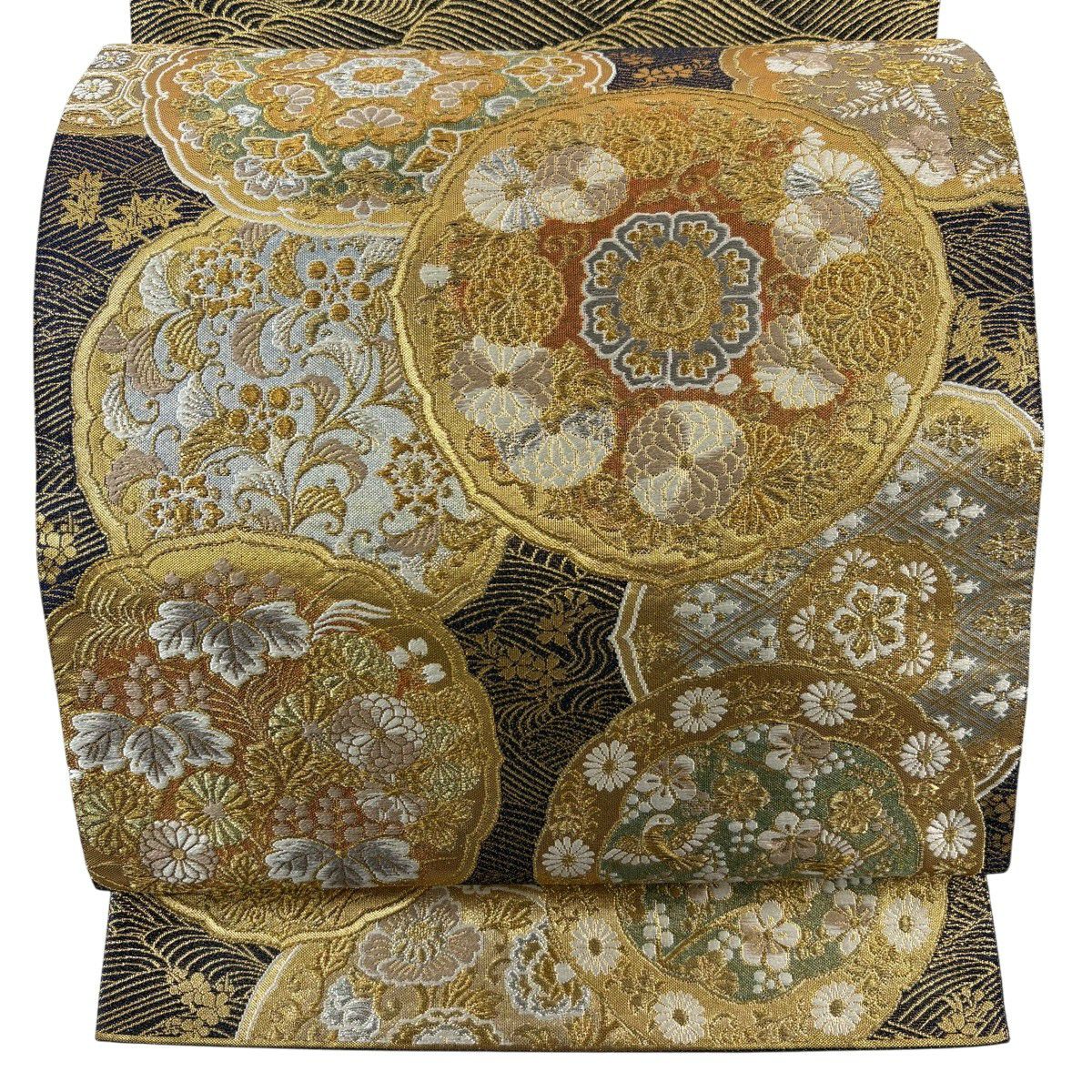 【美品】 袋帶 秀品級 華紋 花鳥 金銀線 金金箔 黑色 大鼓圖案 純蠶絲