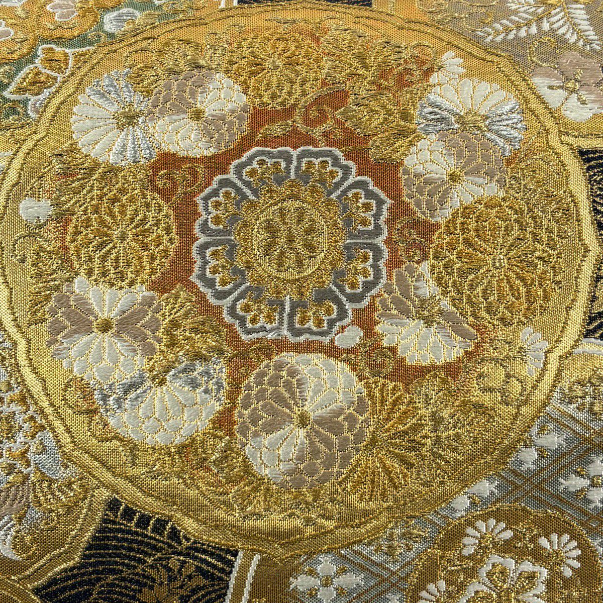 【美品】 袋帶 秀品級 華紋 花鳥 金銀線 金金箔 黑色 大鼓圖案 純蠶絲