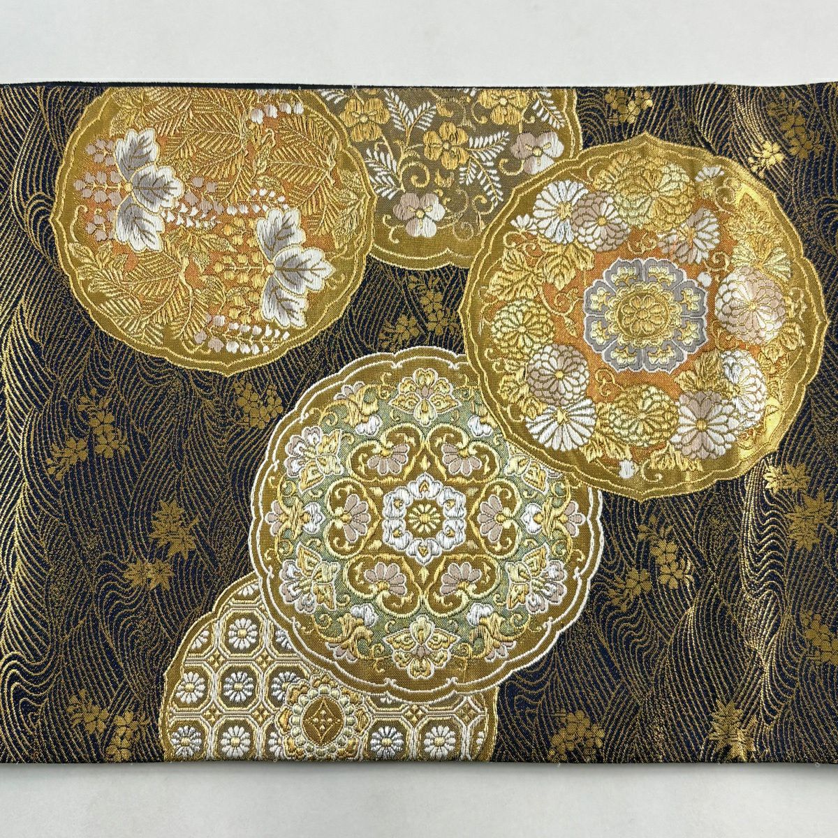 【美品】 袋帶 秀品級 華紋 花鳥 金銀線 金金箔 黑色 大鼓圖案 純蠶絲