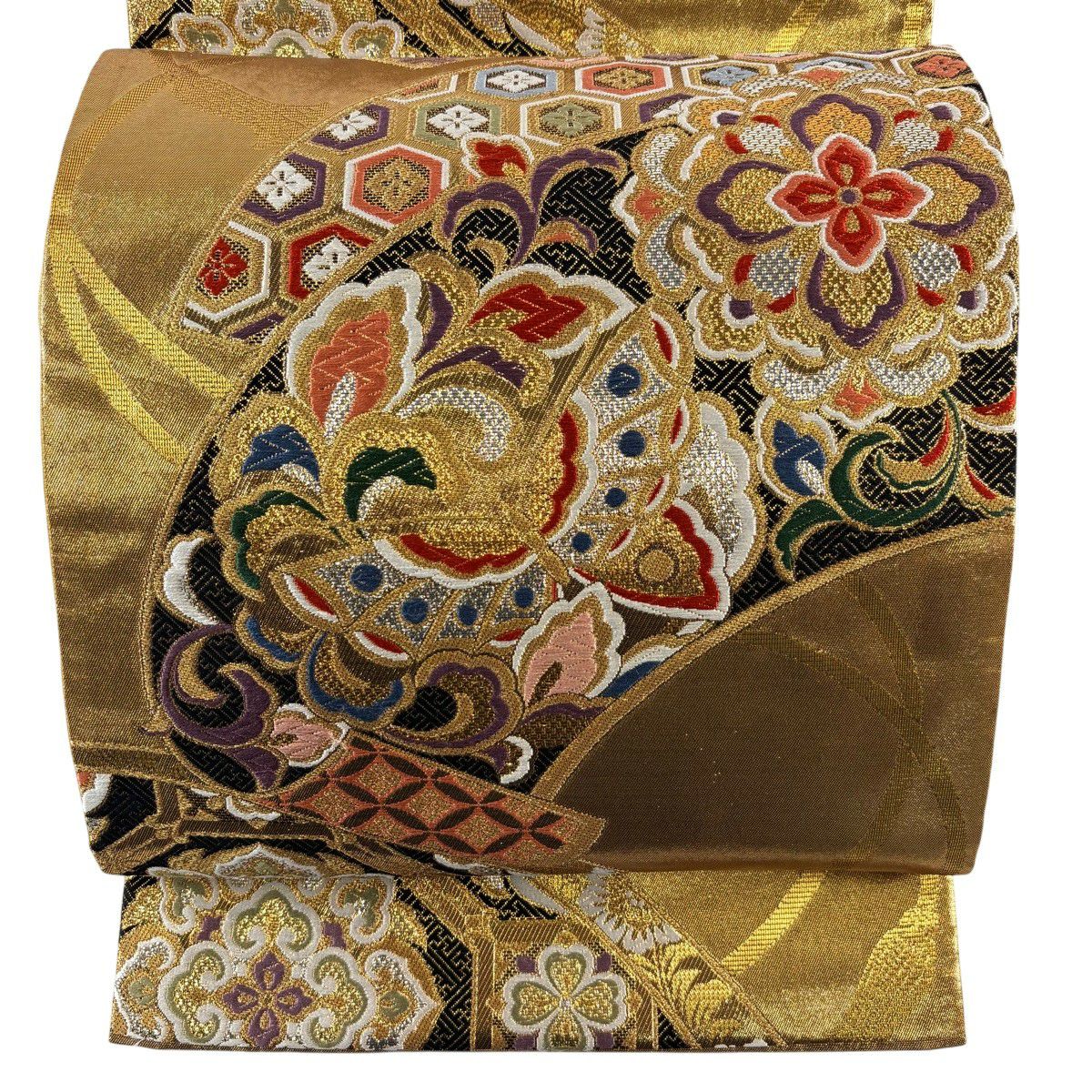 【美品】 袋帶 秀品級 蝶 華紋 唐織 金絲 金 六通 純蠶絲