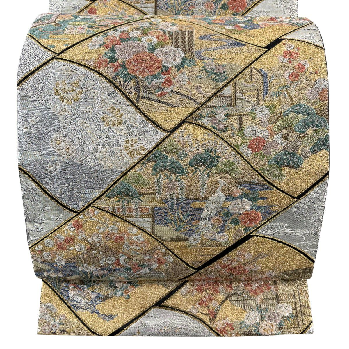【美品】 袋帶 秀品級 草花紋紋 鳥 金銀絲 金金箔 金色 六通 純蠶絲