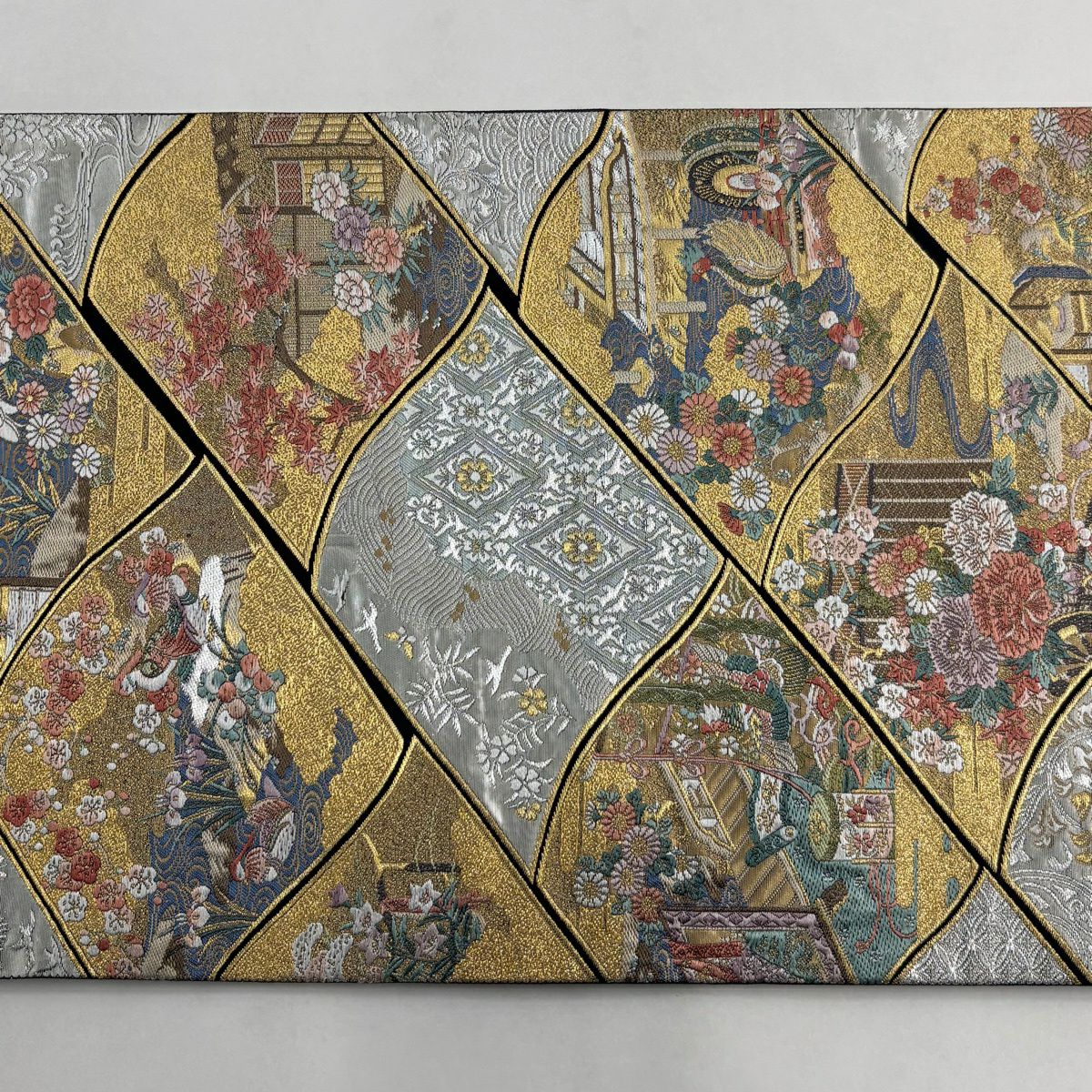 【美品】 袋帶 秀品級 草花紋紋 鳥 金銀絲 金金箔 金色 六通 純蠶絲
