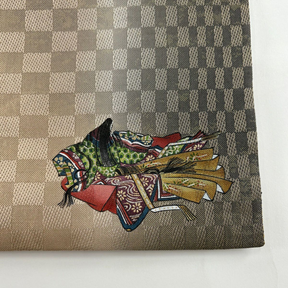 【美品】 袋帶 秀品級 變化市松樹 幾何圖案 金金箔 茶紫 全通 純蠶絲