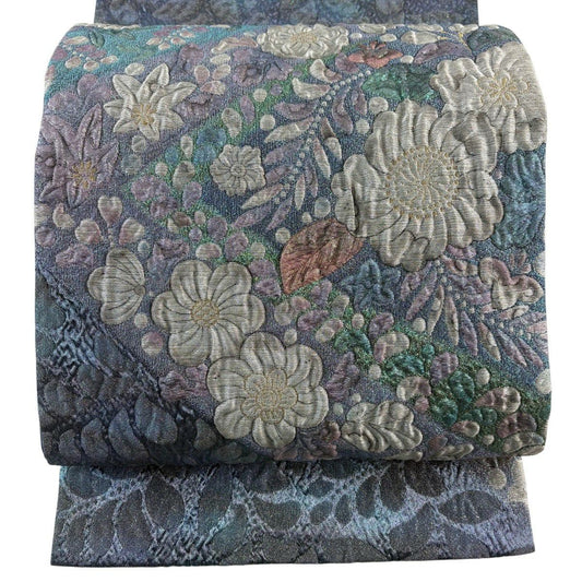 【美品】 袋帶 優品級 辻花染圖案 銀線 金金箔 青紫色 大鼓圖案 純蠶絲