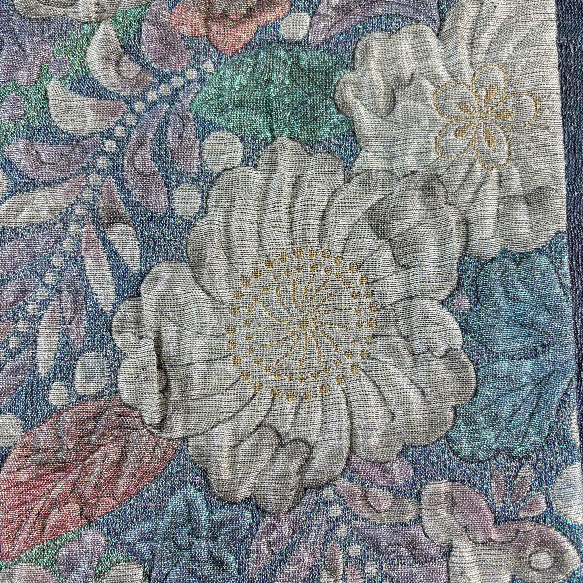 【美品】 袋帶 優品級 辻花染圖案 銀線 金金箔 青紫色 大鼓圖案 純蠶絲