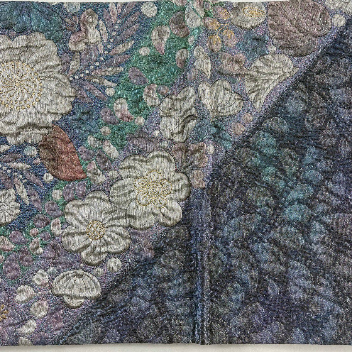 【美品】 袋帶 優品級 辻花染圖案 銀線 金金箔 青紫色 大鼓圖案 純蠶絲