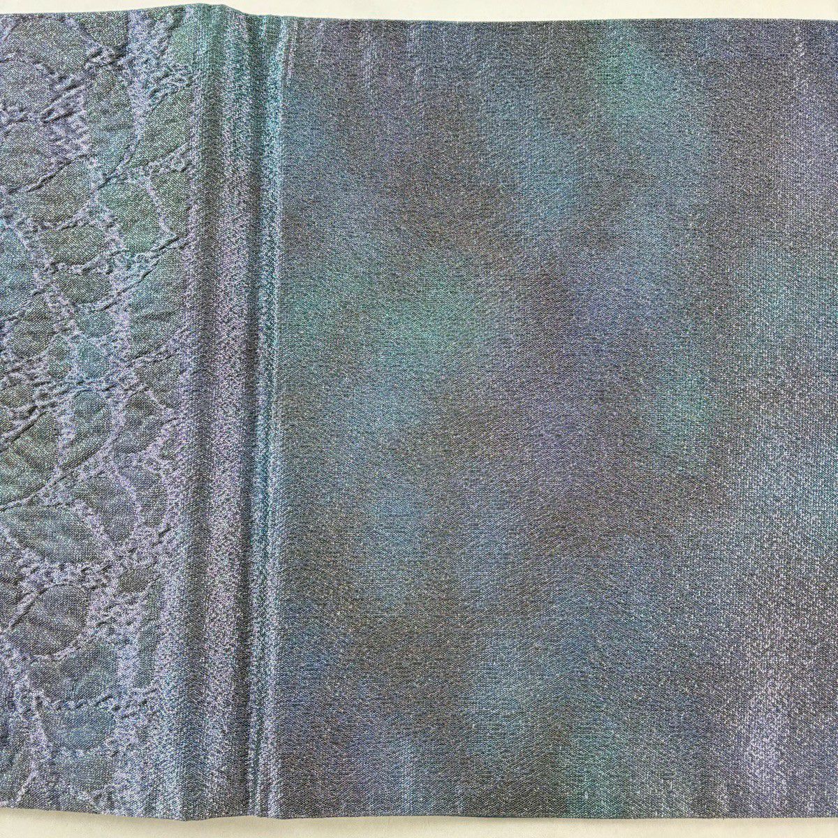 【美品】 袋帶 優品級 辻花染圖案 銀線 金金箔 青紫色 大鼓圖案 純蠶絲