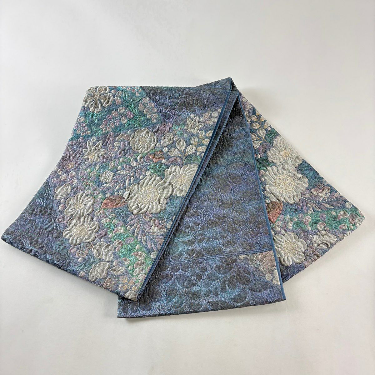 【美品】 袋帶 優品級 辻花染圖案 銀線 金金箔 青紫色 大鼓圖案 純蠶絲