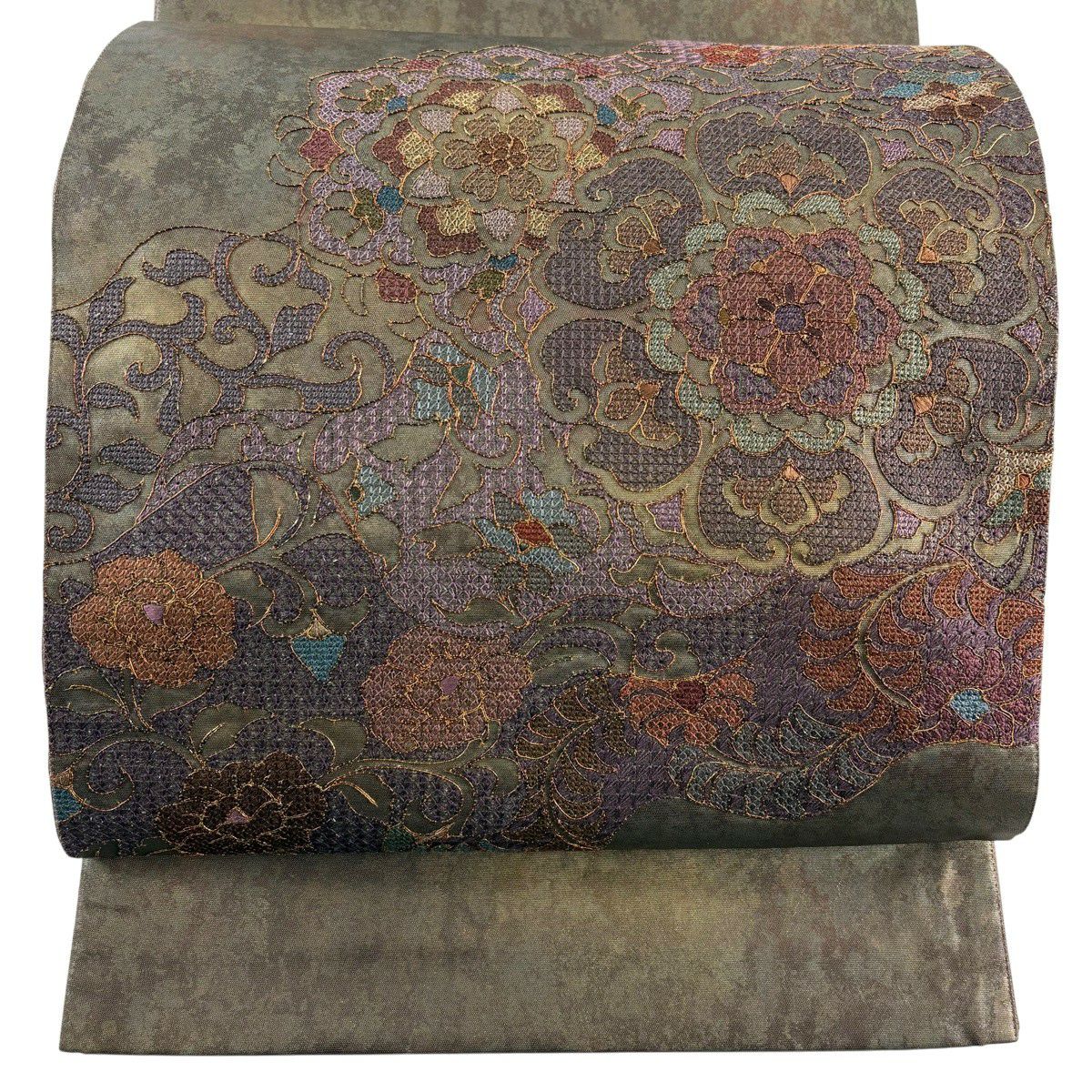 【美品】 袋帶 秀品級 華紋 花唐草紋 刺繡 茶綠 お太鼓圖案 純蠶絲