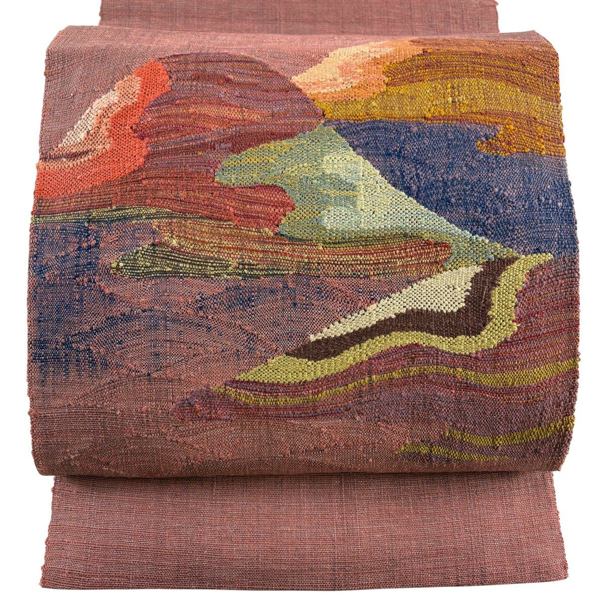 【美品】 名古屋帶 秀品級 八寸名古屋帶 松樹葉仕立 紬織織 風景 山並 粉紅 純蠶絲