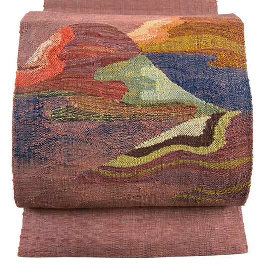 【美品】 名古屋帶 秀品級 八寸名古屋帶 松樹葉仕立 紬織織 風景 山並 粉紅 純蠶絲