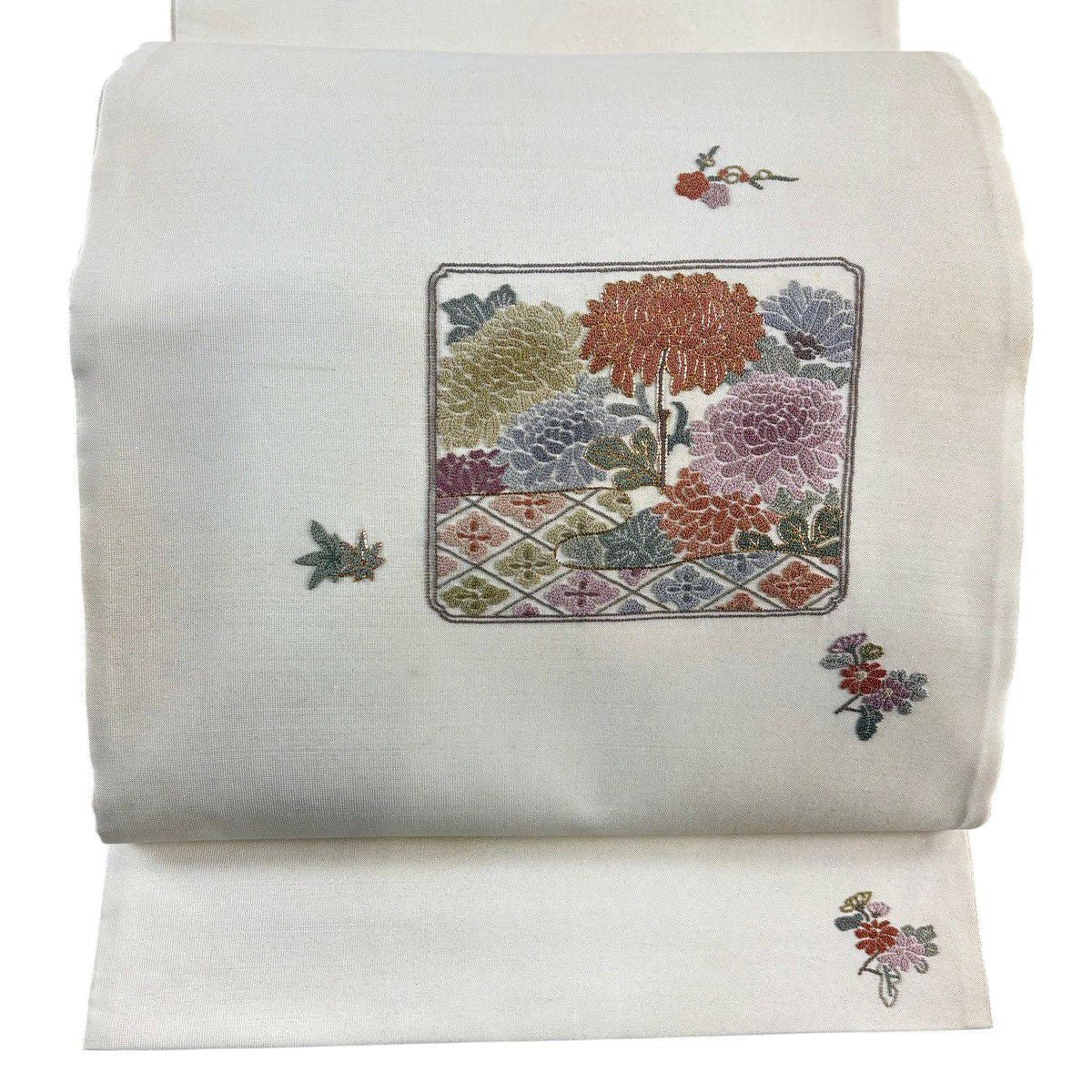 袋帶 秀品級 菊花花 霞 相良刺繡 金線 奶油色 大鼓圖案 純蠶絲
