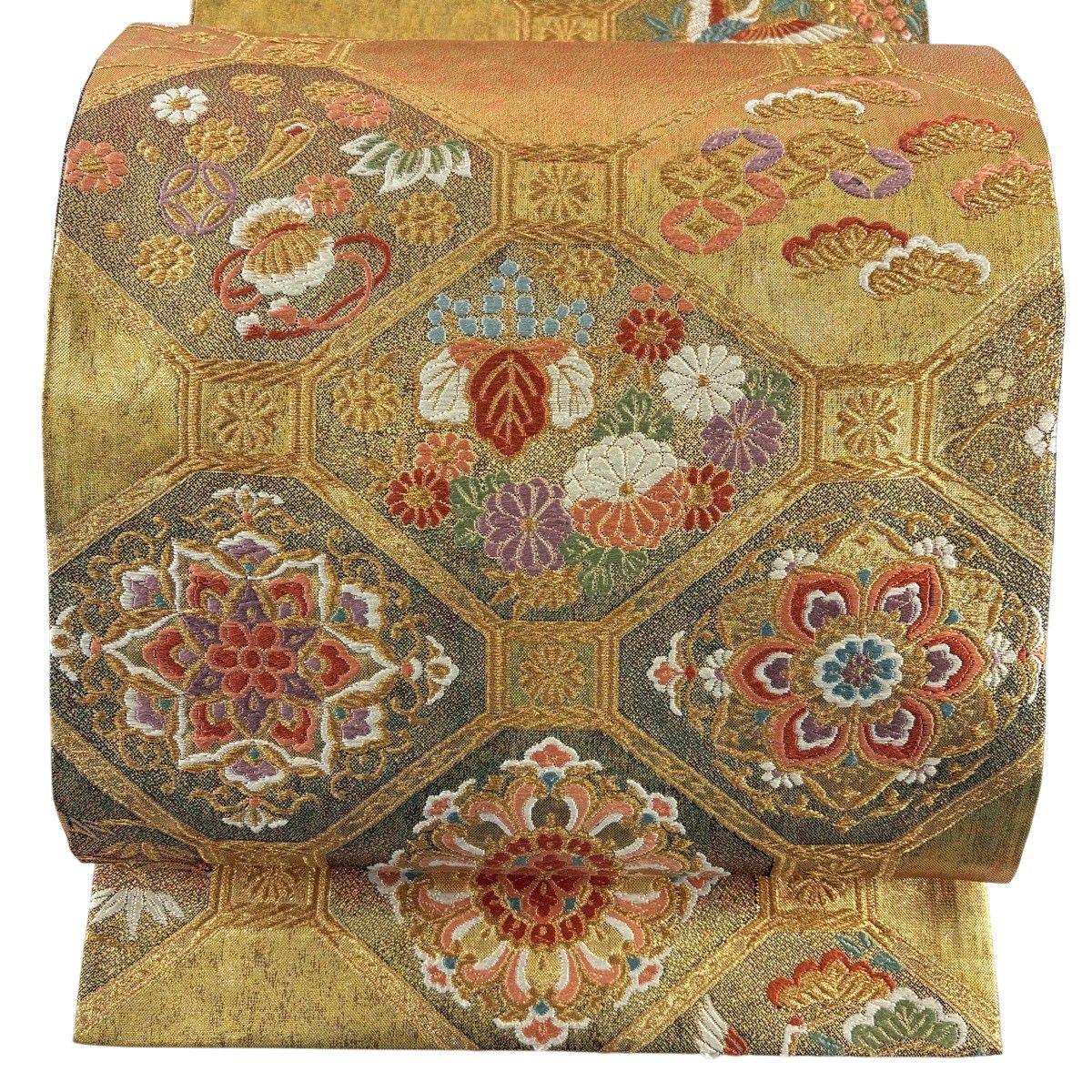 袋帶 秀品級 格天井 華紋 金絲 金金箔 金 六通 純蠶絲