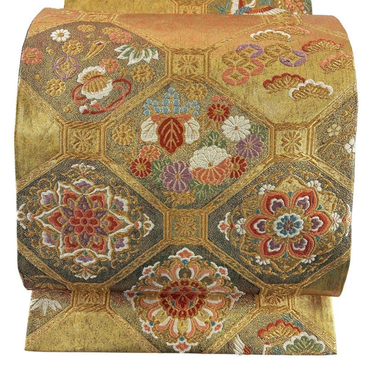 袋帶 秀品級 格天井 華紋 金絲 金金箔 金 六通 純蠶絲
