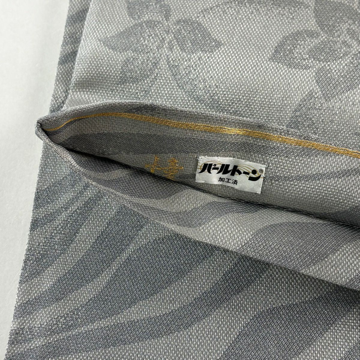 袋帶 秀品級 花紋 斜條 金金箔 銀線 灰色 六通 純蠶絲
