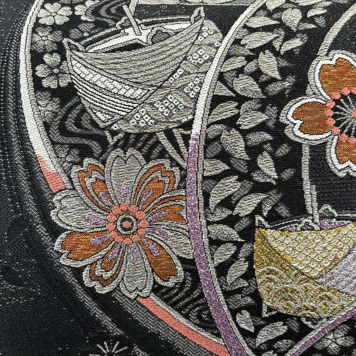 【美品】 袋帶 秀品級 櫻花 線捲 金銀線 金金箔 黑 六通 純蠶絲