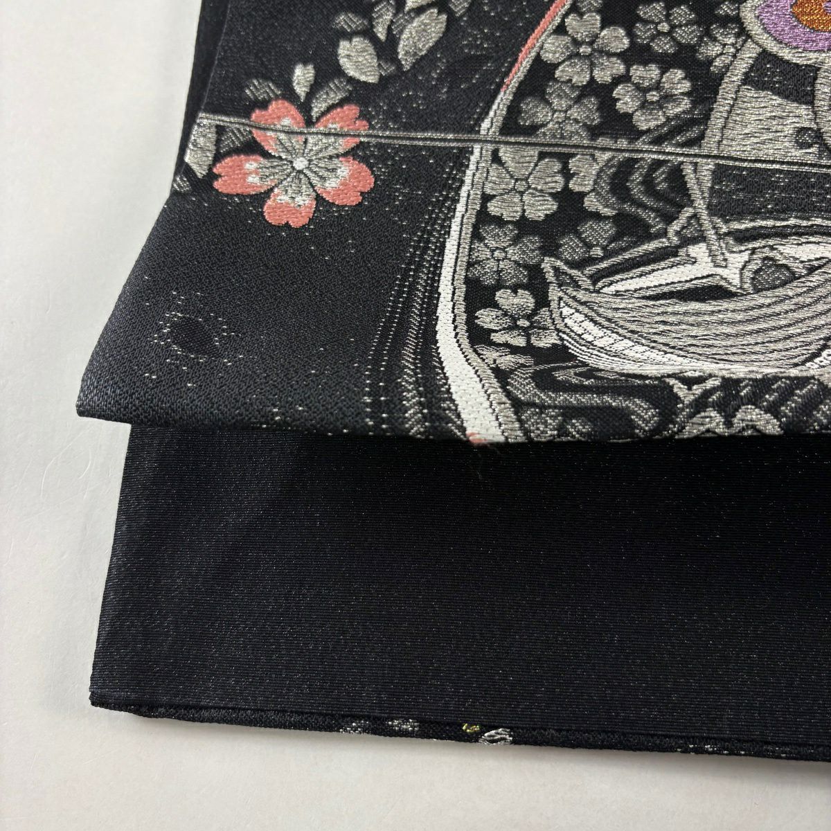 【美品】 袋帶 秀品級 櫻花 線捲 金銀線 金金箔 黑 六通 純蠶絲