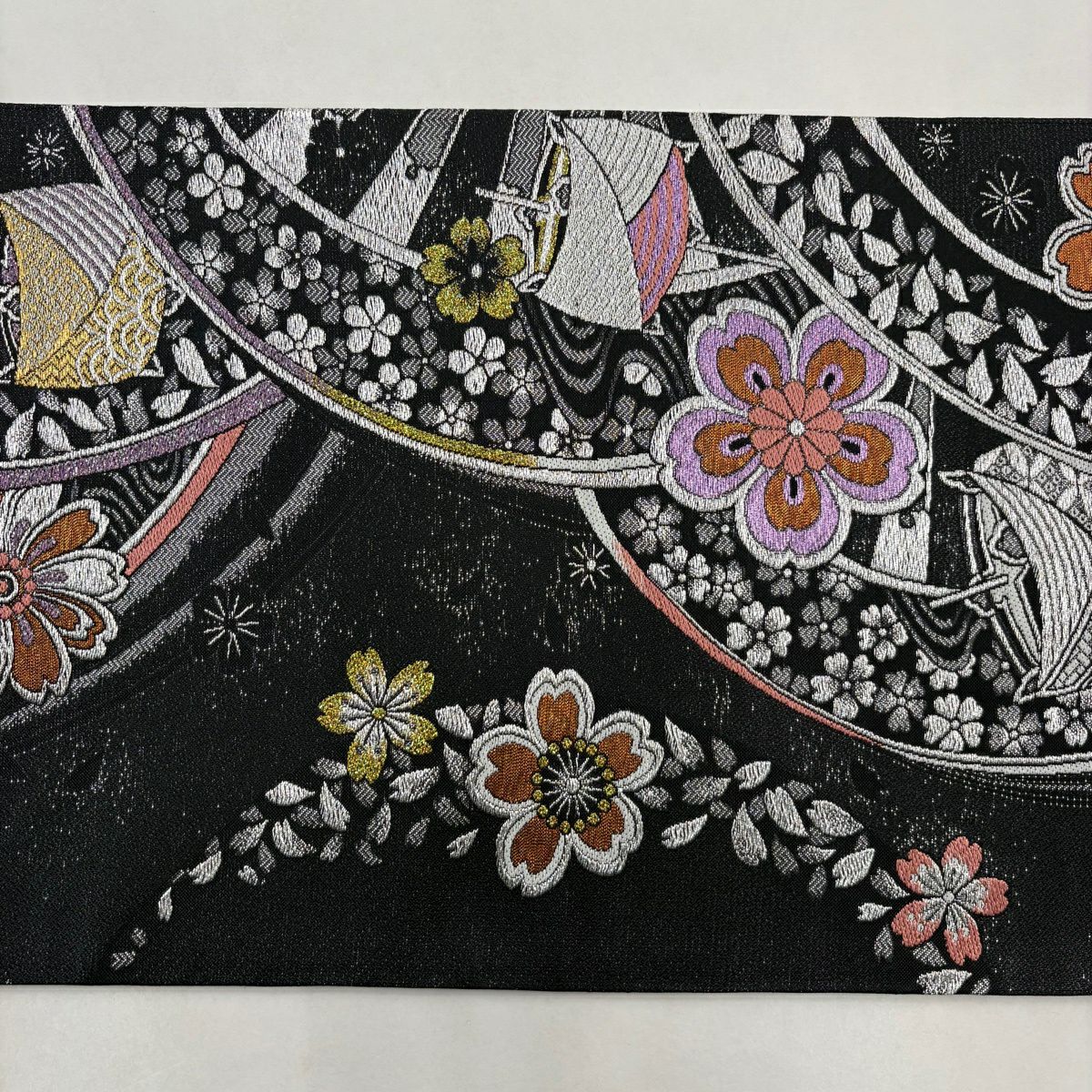 【美品】 袋帶 秀品級 櫻花 線捲 金銀線 金金箔 黑 六通 純蠶絲