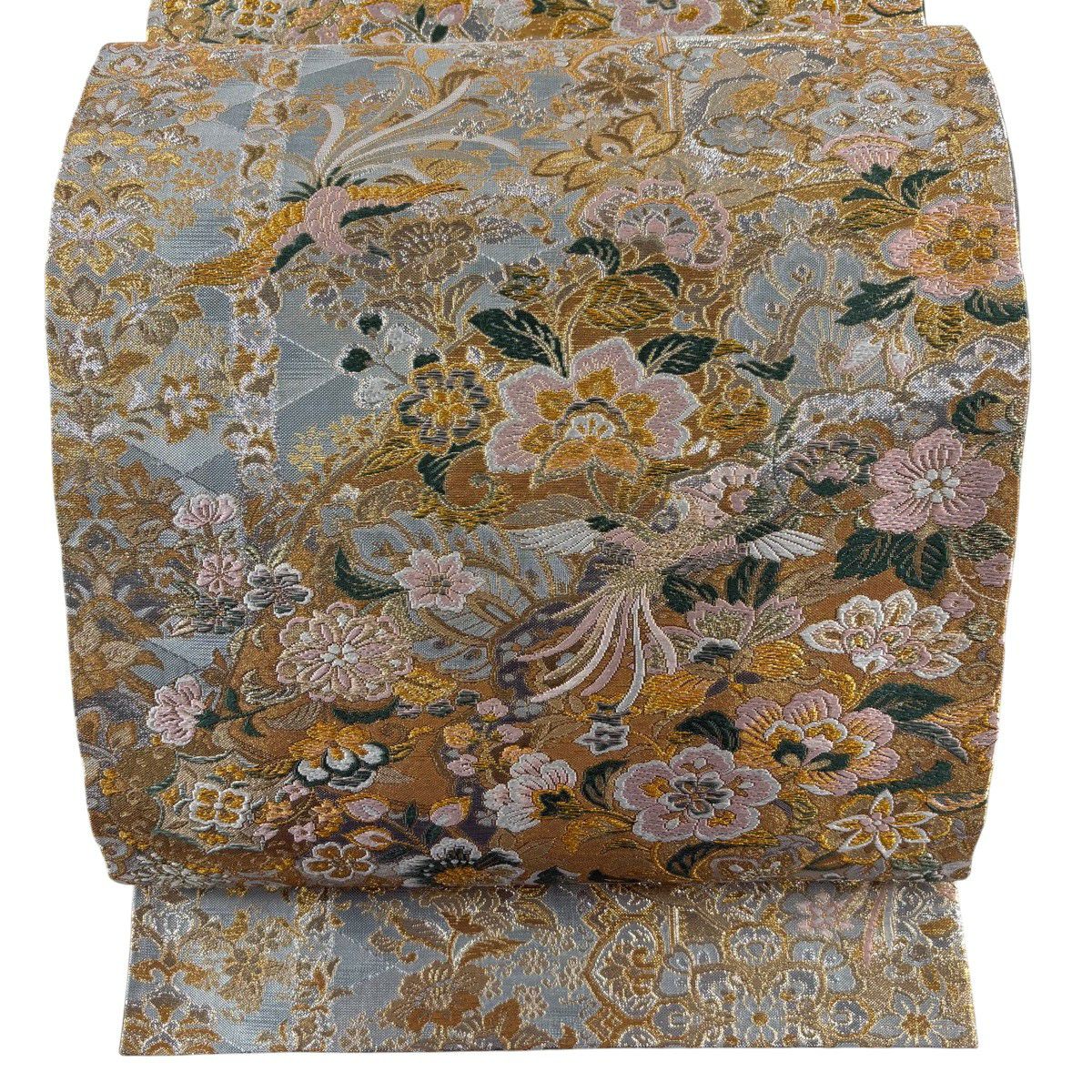 【美品】 袋帶 秀品級 落款あり 鳳凰 草花紋 金糸 金金箔 灰色 六通 純蠶絲