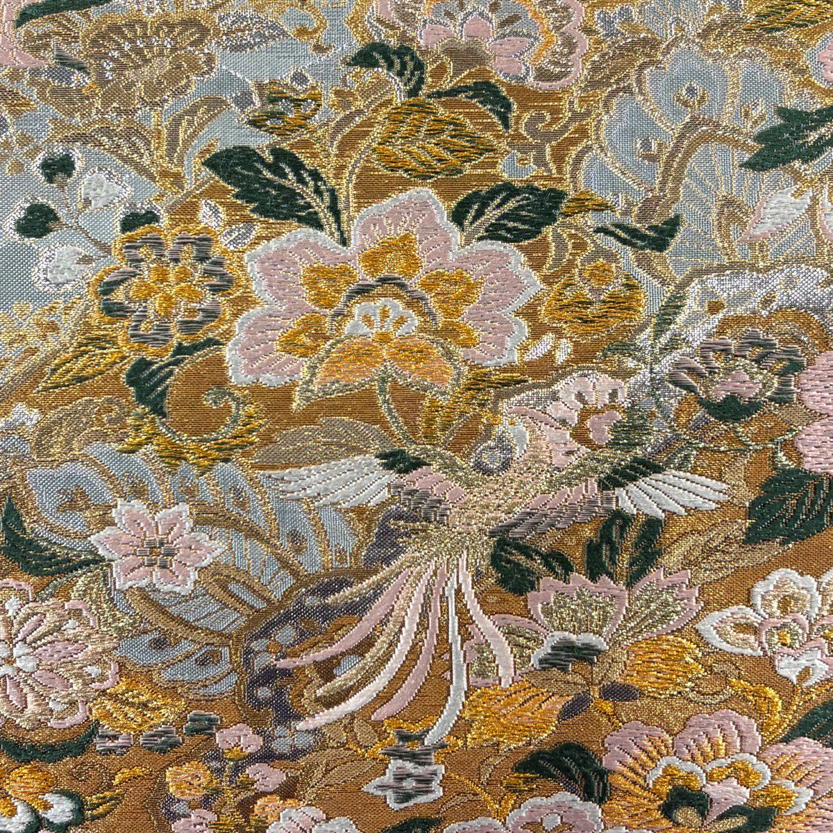 【美品】 袋帶 秀品級 落款あり 鳳凰 草花紋 金糸 金金箔 灰色 六通 純蠶絲