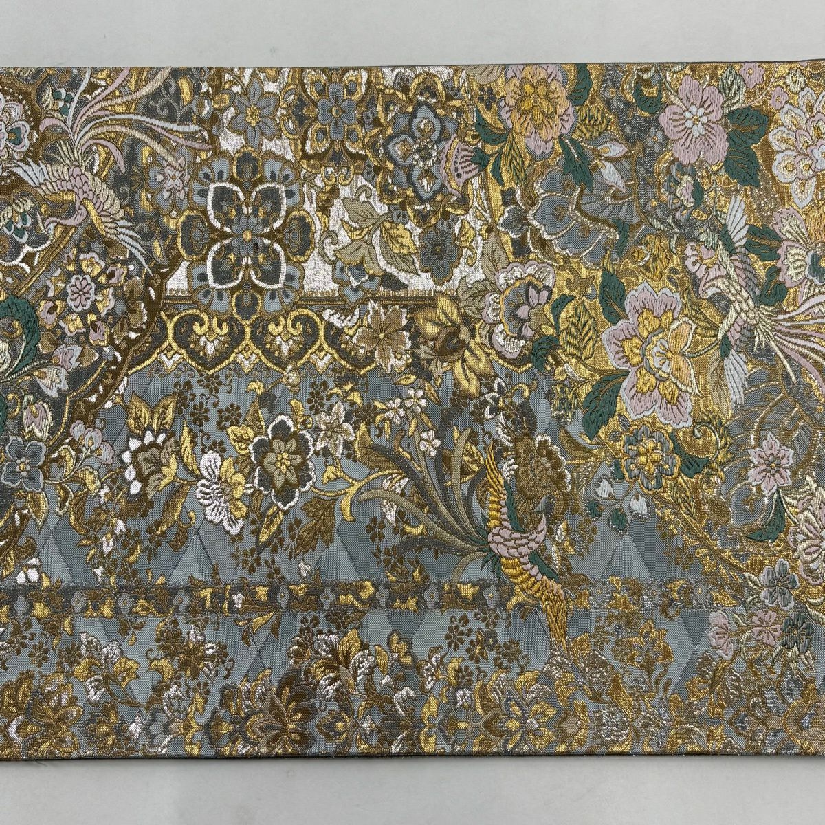 【美品】 袋帶 秀品級 落款あり 鳳凰 草花紋 金糸 金金箔 灰色 六通 純蠶絲