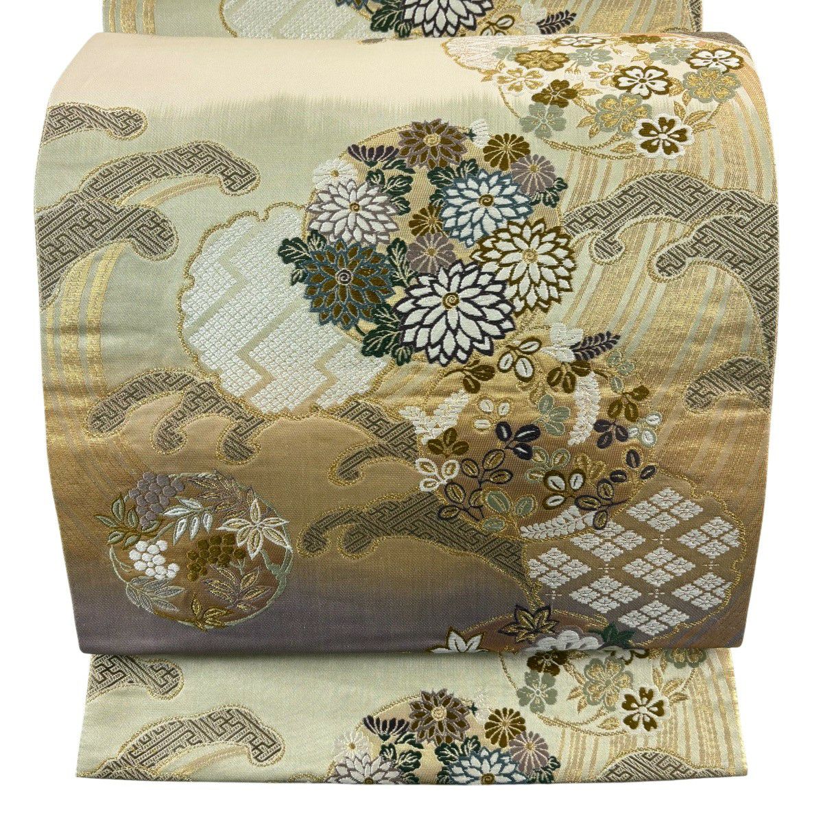 【美品】 袋帶 秀品級 雪輪 波濤 金絲 唐織 米色 六通 純蠶絲