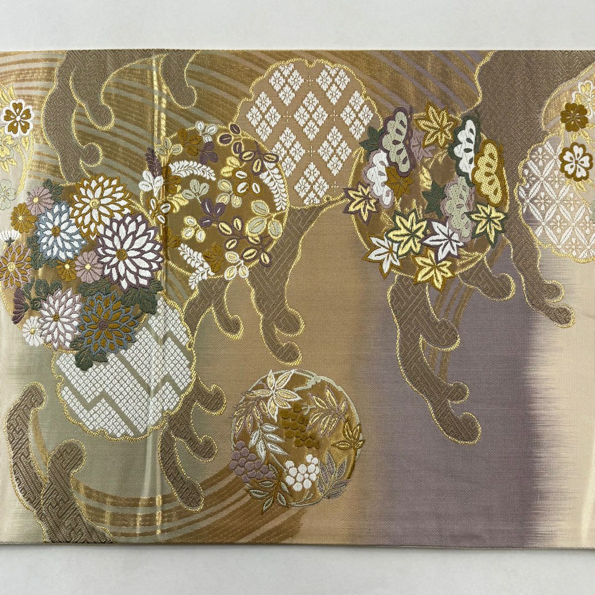 【美品】 袋帶 秀品級 雪輪 波濤 金絲 唐織 米色 六通 純蠶絲