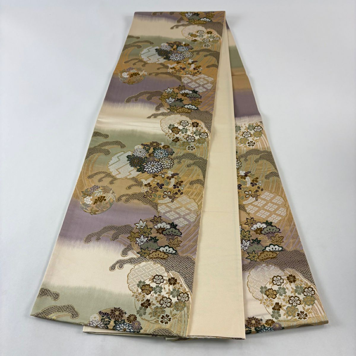 【美品】 袋帶 秀品級 雪輪 波濤 金絲 唐織 米色 六通 純蠶絲