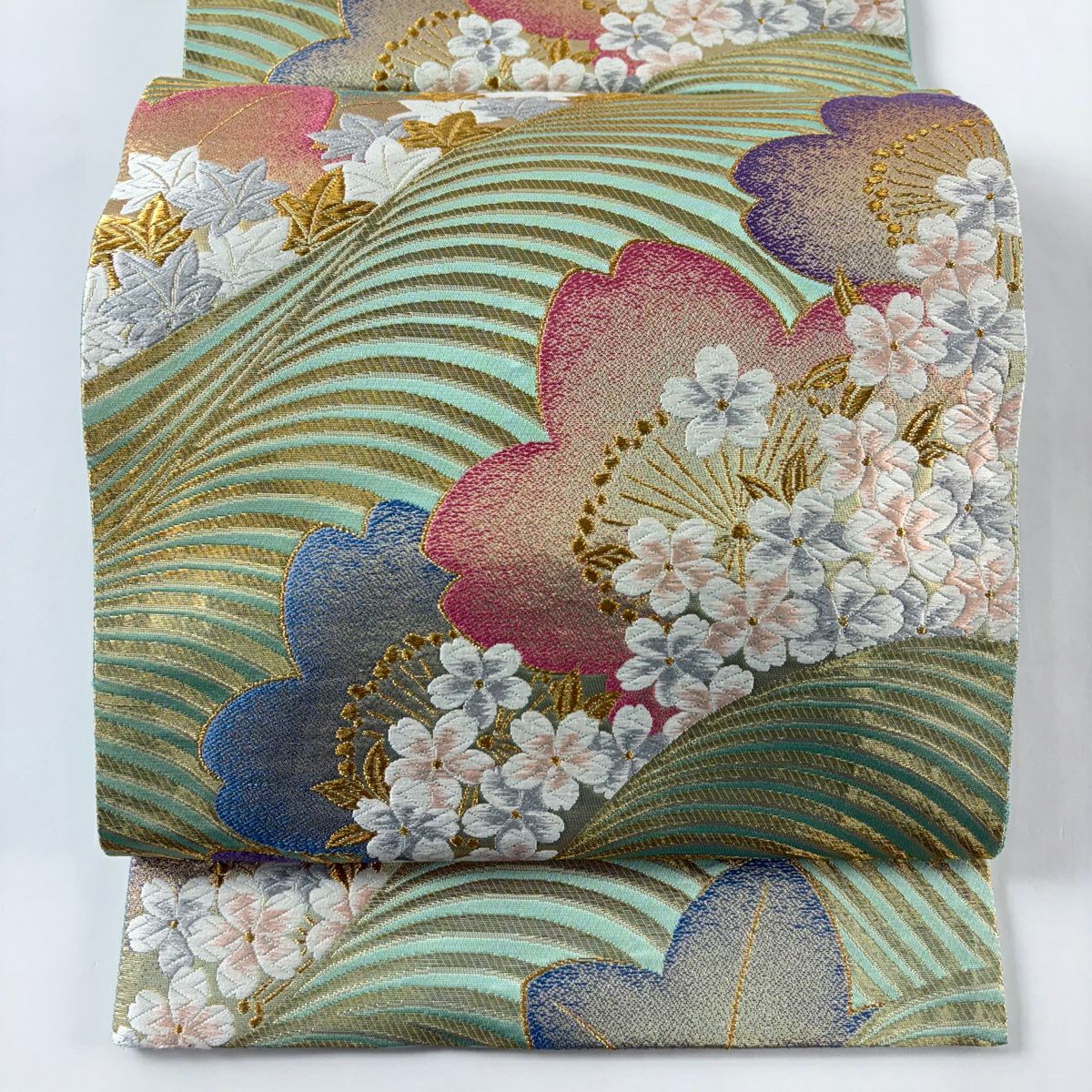【美品】 袋帶 秀品級 櫻花 金絲 金金箔 淺綠 六通 純蠶絲