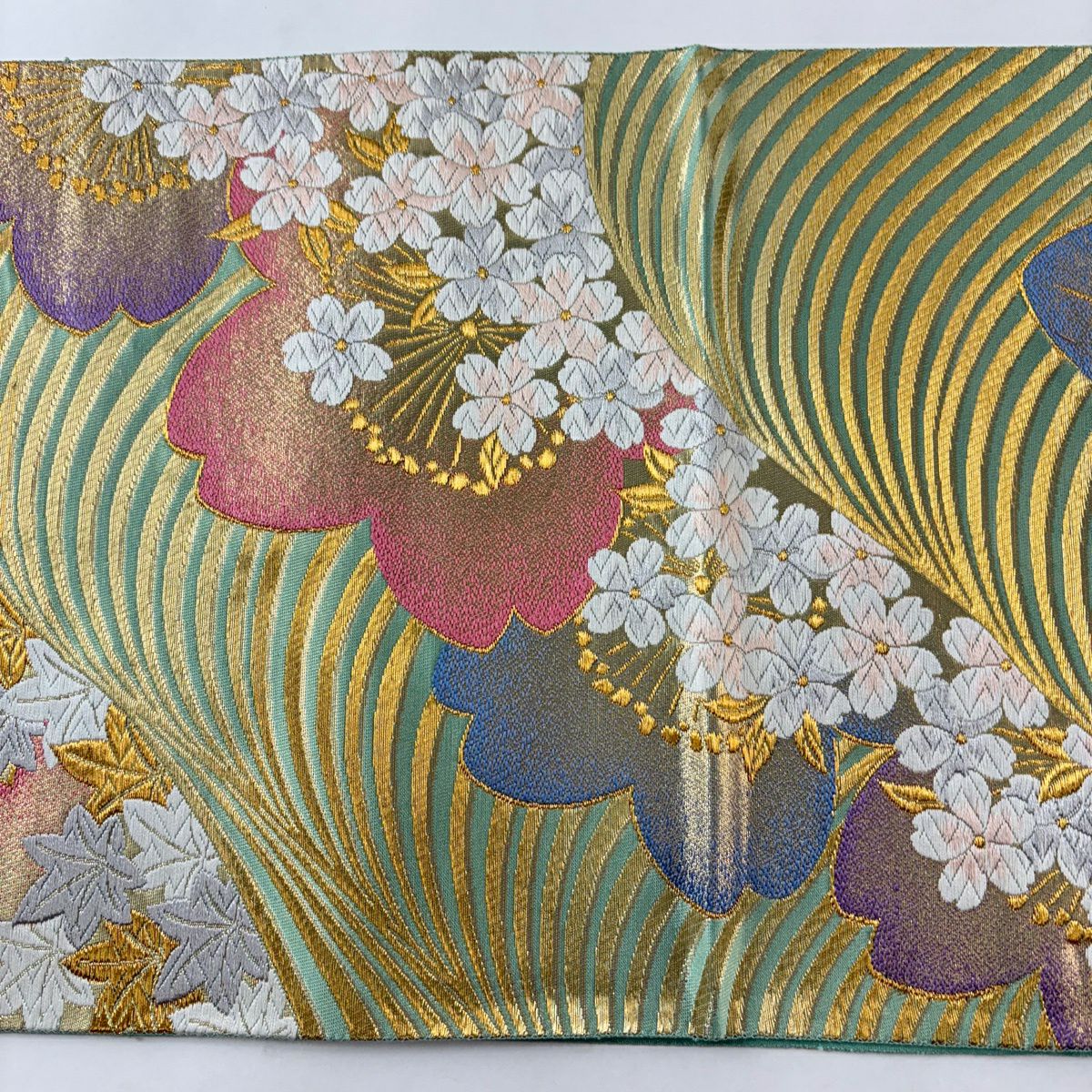 【美品】 袋帶 秀品級 櫻花 金絲 金金箔 淺綠 六通 純蠶絲