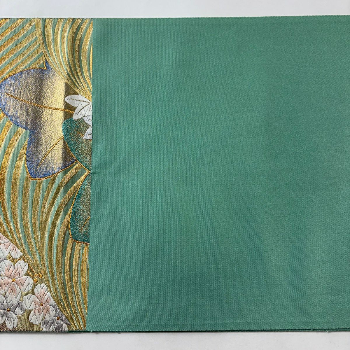 【美品】 袋帶 秀品級 櫻花 金絲 金金箔 淺綠 六通 純蠶絲