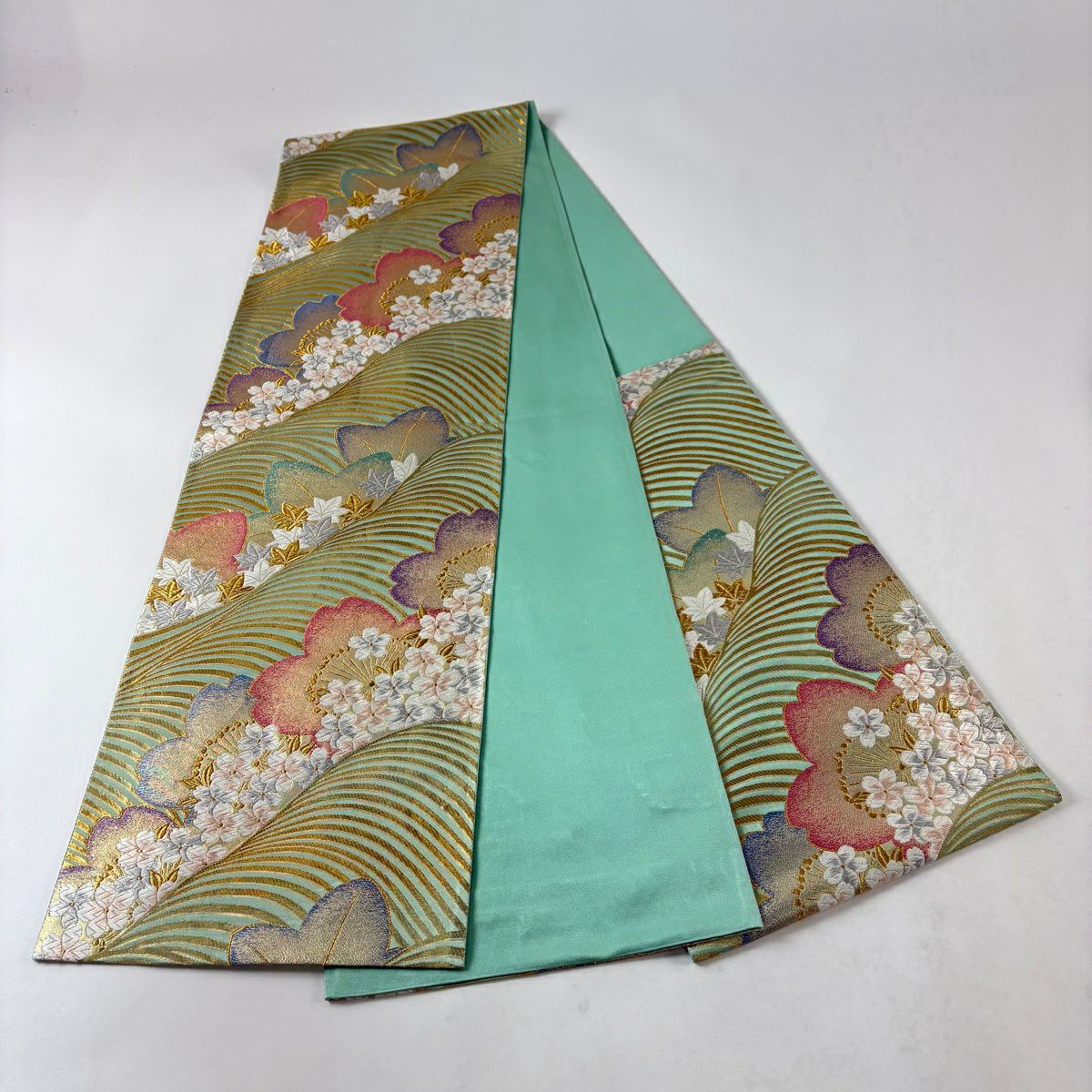 【美品】 袋帶 秀品級 櫻花 金絲 金金箔 淺綠 六通 純蠶絲