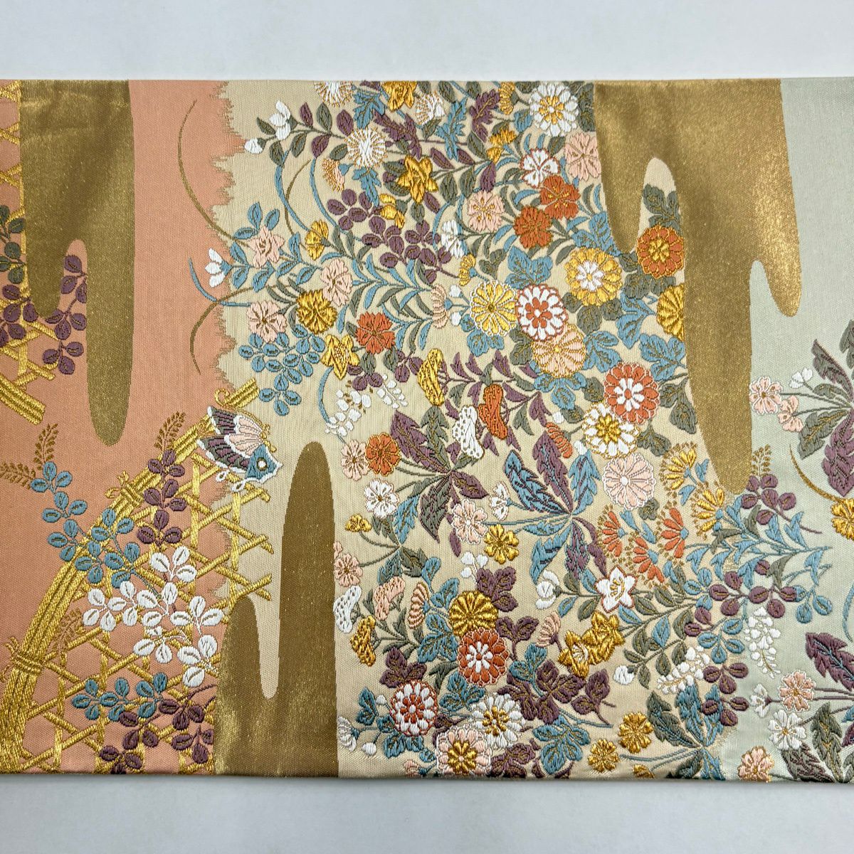 【美品】 袋帶 秀品級 秋草 ヱ霞 金絲 唐織 淺綠 六通 純蠶絲