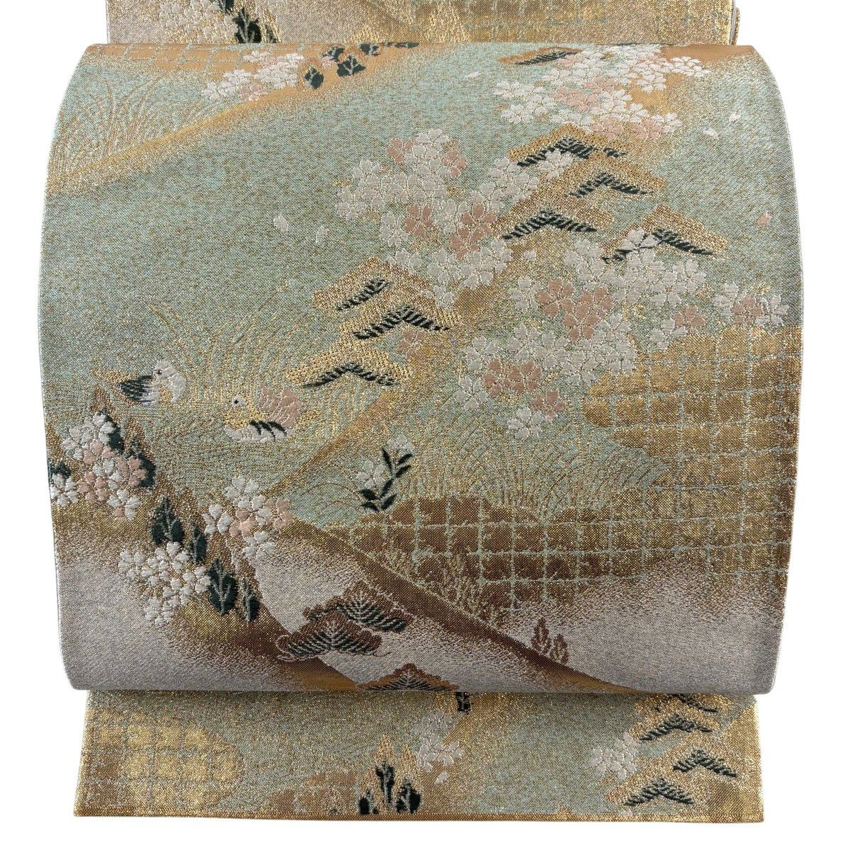 【美品】 袋帶 秀品級 鴛鴦 笠松樹 金糸 金金箔 淺綠 六通 純蠶絲