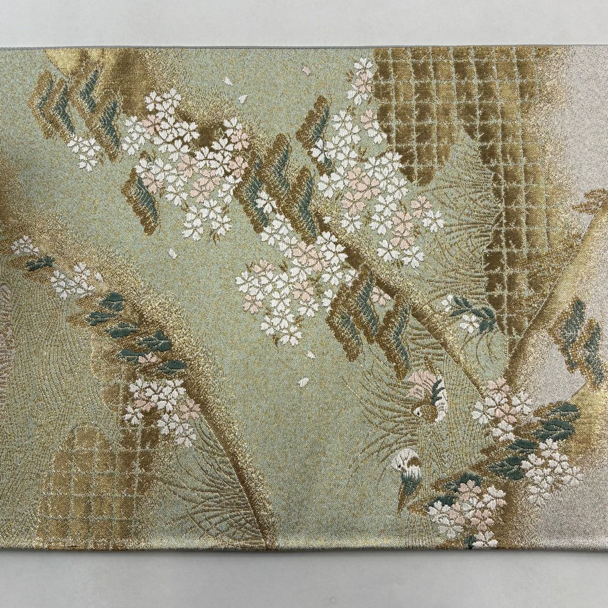 【美品】 袋帶 秀品級 鴛鴦 笠松樹 金糸 金金箔 淺綠 六通 純蠶絲