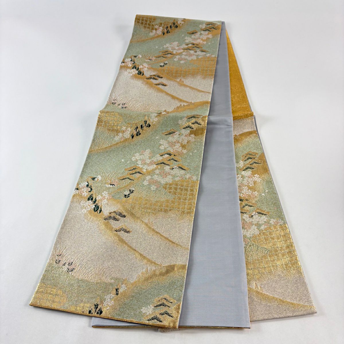 【美品】 袋帶 秀品級 鴛鴦 笠松樹 金糸 金金箔 淺綠 六通 純蠶絲