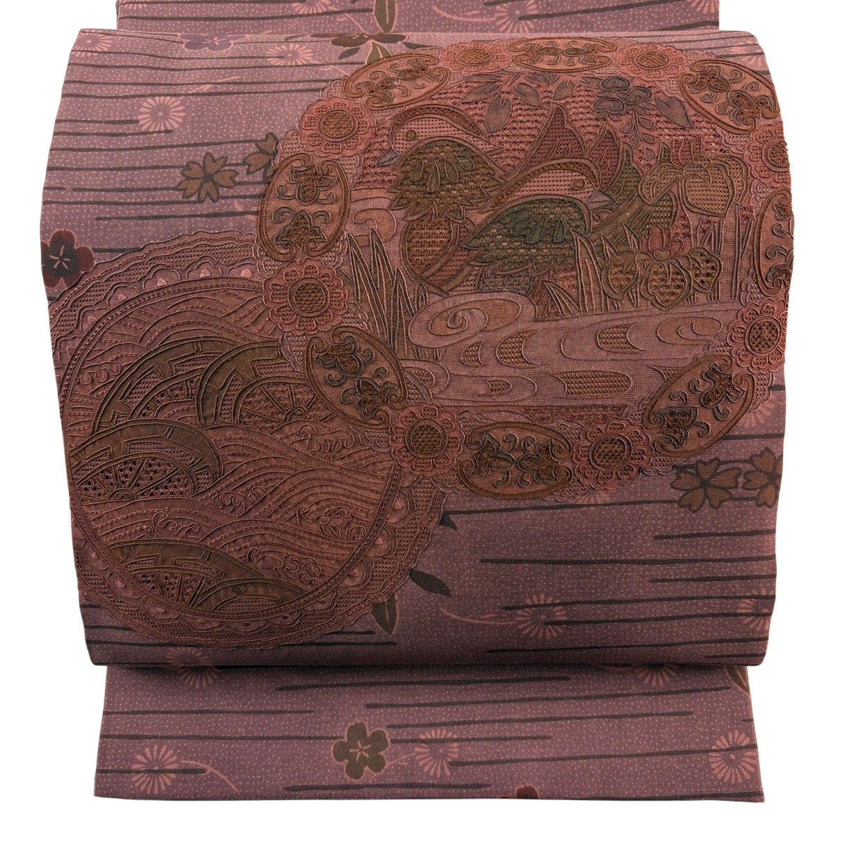 袋帶 秀品級 證書齊全 鴛鴦 波紋 刺繡 紅紫 お太鼓圖案 純蠶絲