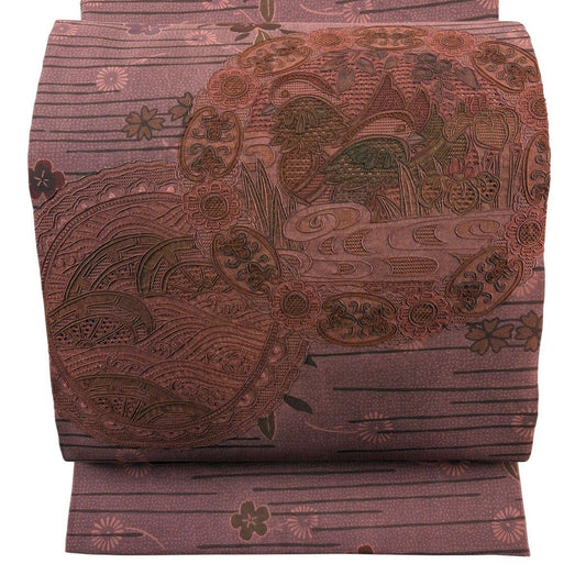 袋帶 秀品級 證書齊全 鴛鴦 波紋 刺繡 紅紫 お太鼓圖案 純蠶絲