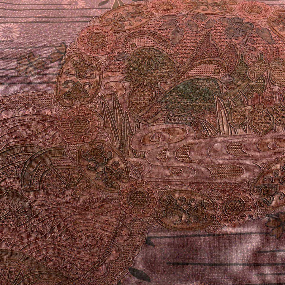 袋帶 秀品級 證書齊全 鴛鴦 波紋 刺繡 紅紫 お太鼓圖案 純蠶絲