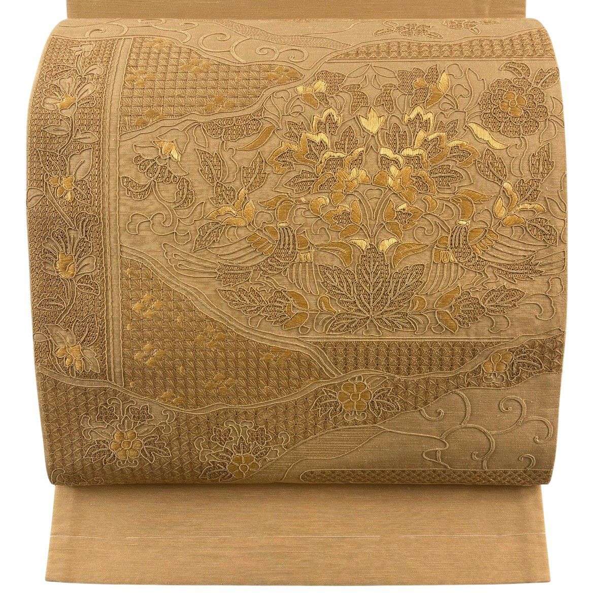 【美品】 袋帶 秀品級 草花紋 麻葉 刺繡 黃土 深色 正蠶絲
