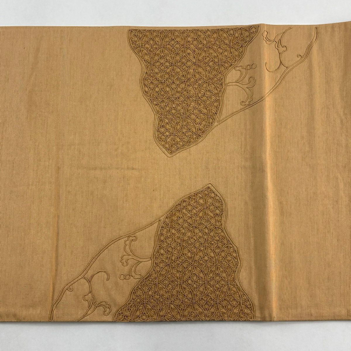【美品】 袋帶 秀品級 草花紋 麻葉 刺繡 黃土 深色 正蠶絲