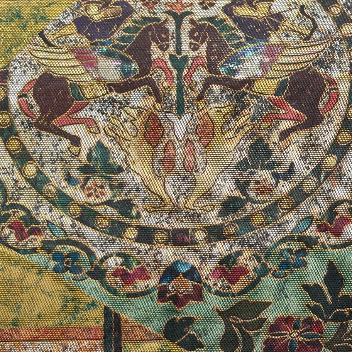 袋帶 秀品級 關西仕立 單層狩獵文 草花紋紋 螺鈿 金金箔 金色 大鼓圖案 純蠶絲