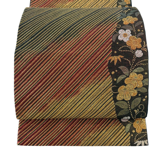 袋帶 秀品級 鈴乃屋 斜紋 椿 金絲 刺繡 墨 黑 六通 純蠶絲