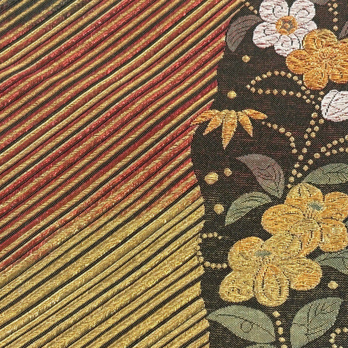 袋帶 秀品級 鈴乃屋 斜紋 椿 金絲 刺繡 墨 黑 六通 純蠶絲