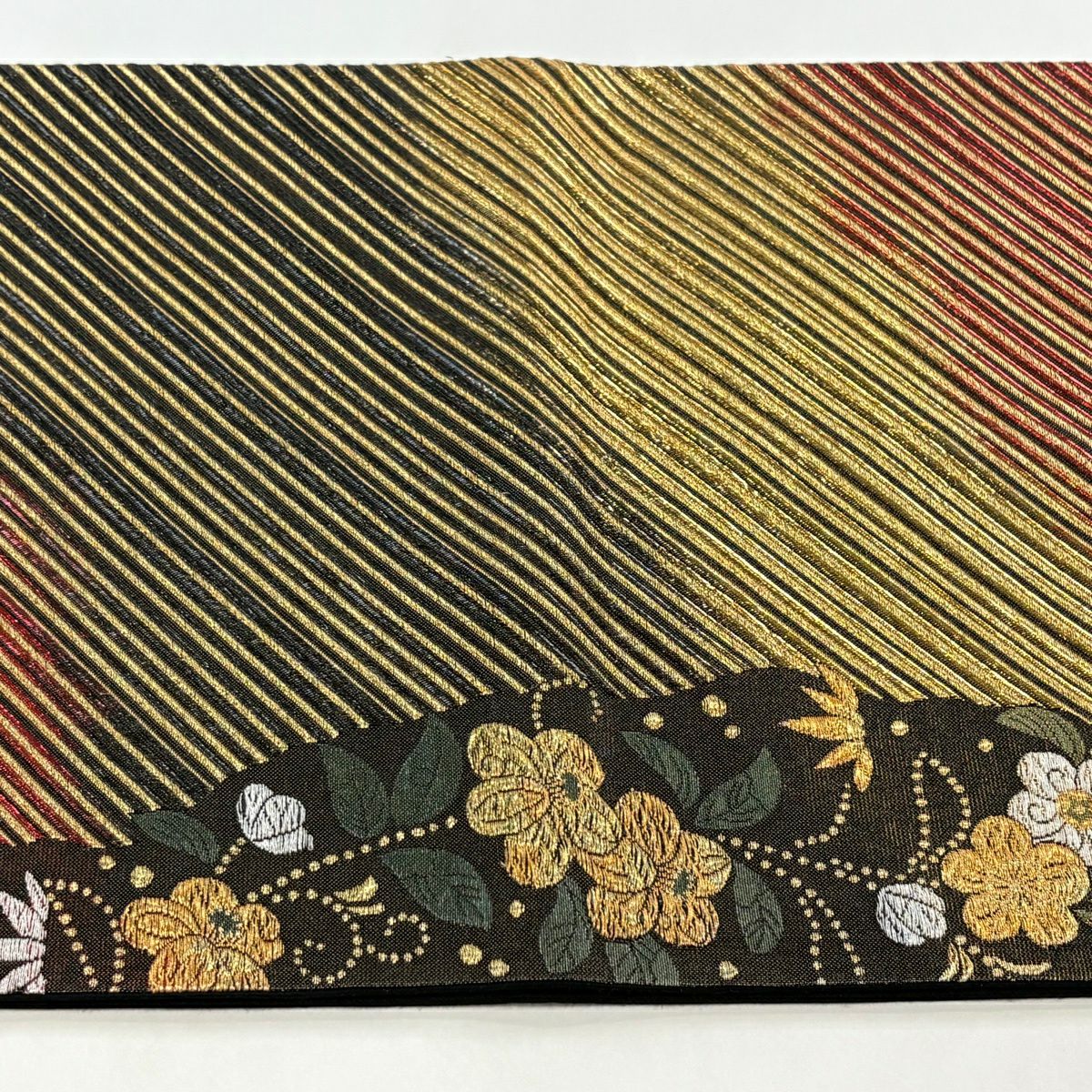 袋帶 秀品級 鈴乃屋 斜紋 椿 金絲 刺繡 墨 黑 六通 純蠶絲