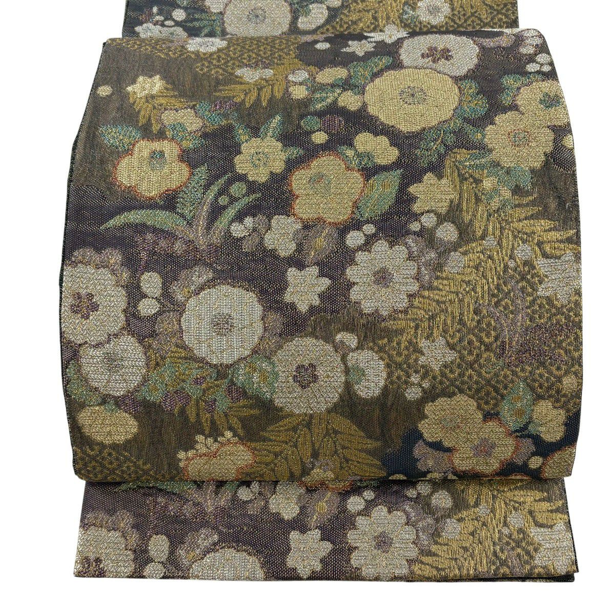 【美品】 袋帶 秀品級 大和 草花紋 金絲 灰紫 六通 純蠶絲