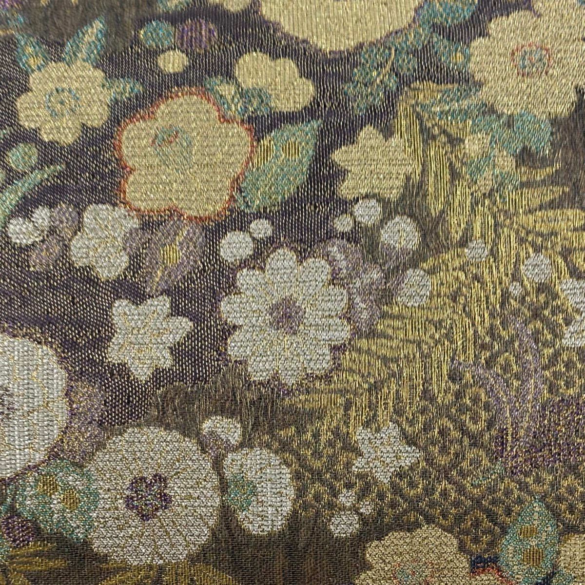 【美品】 袋帶 秀品級 大和 草花紋 金絲 灰紫 六通 純蠶絲