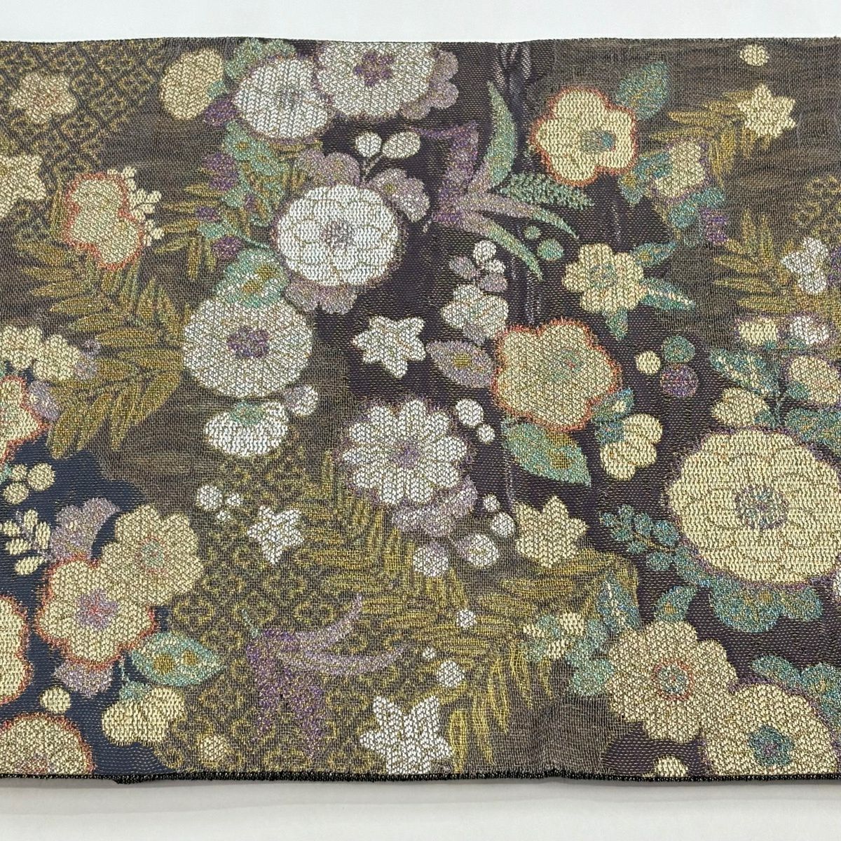 【美品】 袋帶 秀品級 大和 草花紋 金絲 灰紫 六通 純蠶絲
