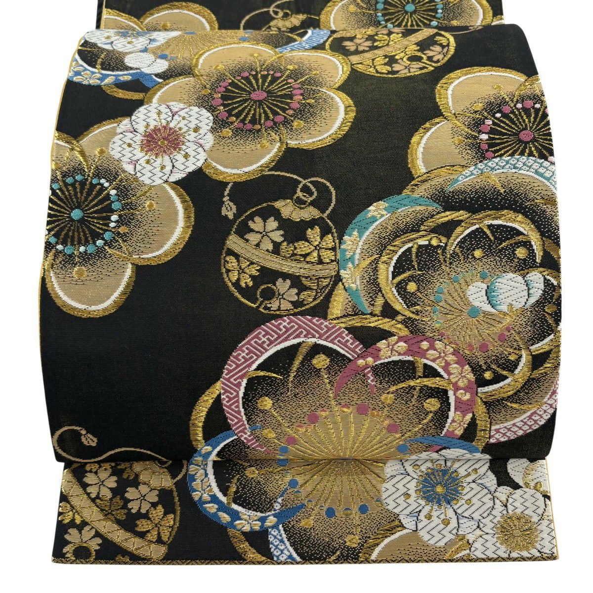 【美品】 袋帶 秀品級 梅花 鈴 金糸 金金箔 黑 六通 純蠶絲